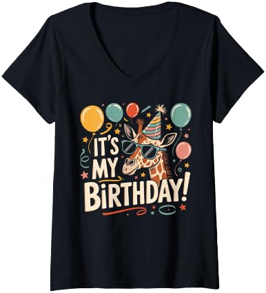 Womens It's My Birthday Party Giraffe Birthday Girl V-Neck T-Shirt