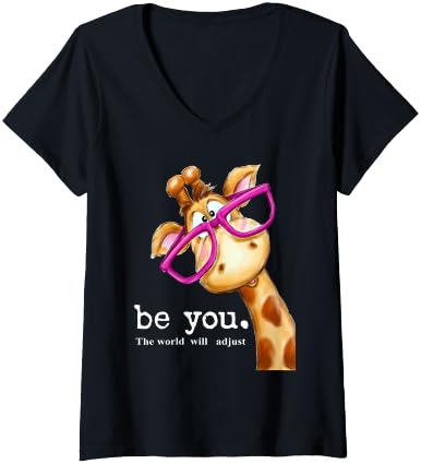 Womens Be You The World Will Adjust Cute Lover Giraffe Glasses V-Neck T-Shirt