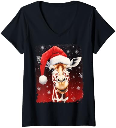 Womens Giraffe Christmas V-Neck T-Shirt