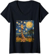 Giraffe Designs. Women's Giraffe Africa Van Gogh Style Starry Night Cute Graphic V-Neck T-Shirt - Navy Blue