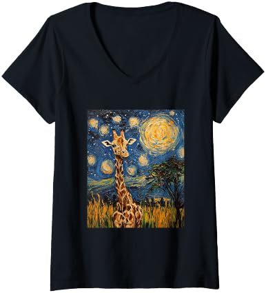 Women's Giraffe Africa Van Gogh Style Starry Night Cute Graphic V-Neck T-Shirt