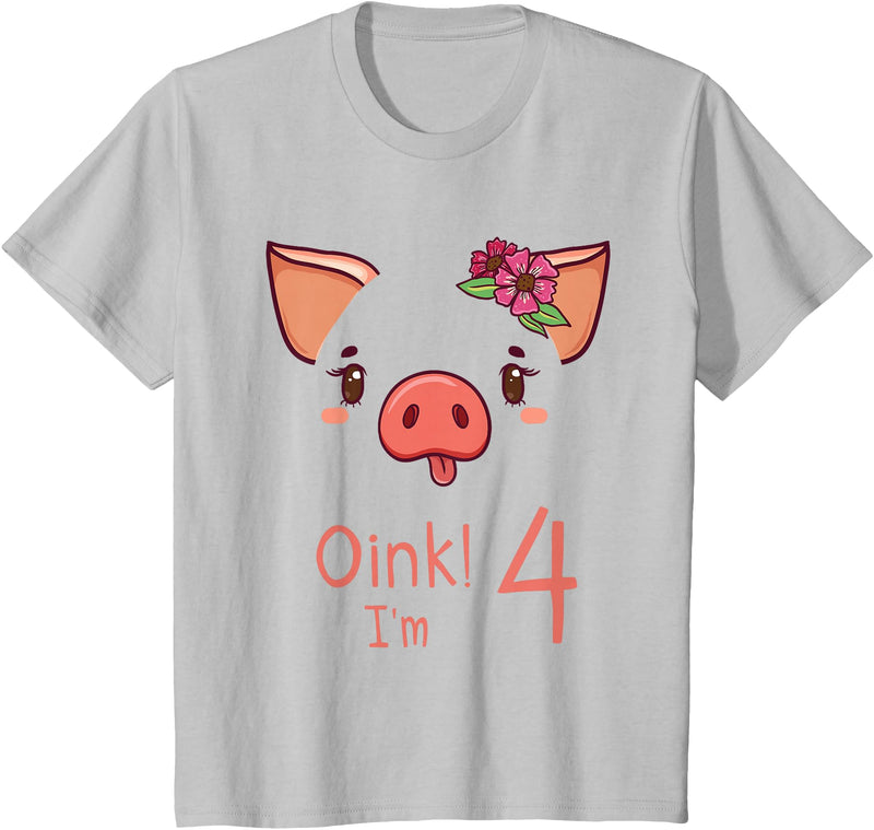 Girls Cute Pig Birthday Designs Co. 4th Birthday Pig Outfit Pig Face Gift 4 year old Girl Boy T-Shirt - Silver Grey