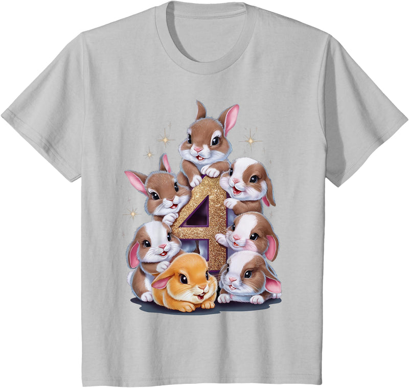 4th Birthday Bunny Rabbit Girl Birthday Age 4 T-Shirt in Silver Grey