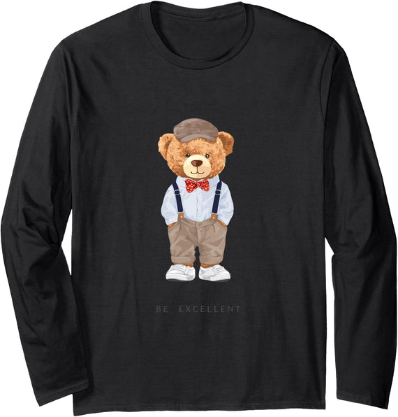 Bahaa's Tee Cool Teddy Bear Happy Quotes Illustration Graphic Designs Long Sleeve T-Shirt - Black