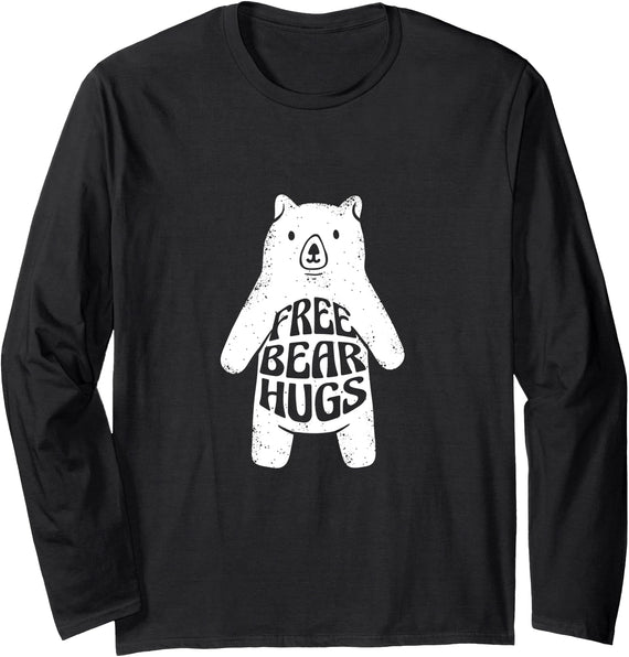 Funny Hugs for Free / Hugger Bear Gifts & Apparel Free Bear Hugs / Cute White Hand-Drawn Polar Bear Hug Long Sleeve T-Shirt - Black