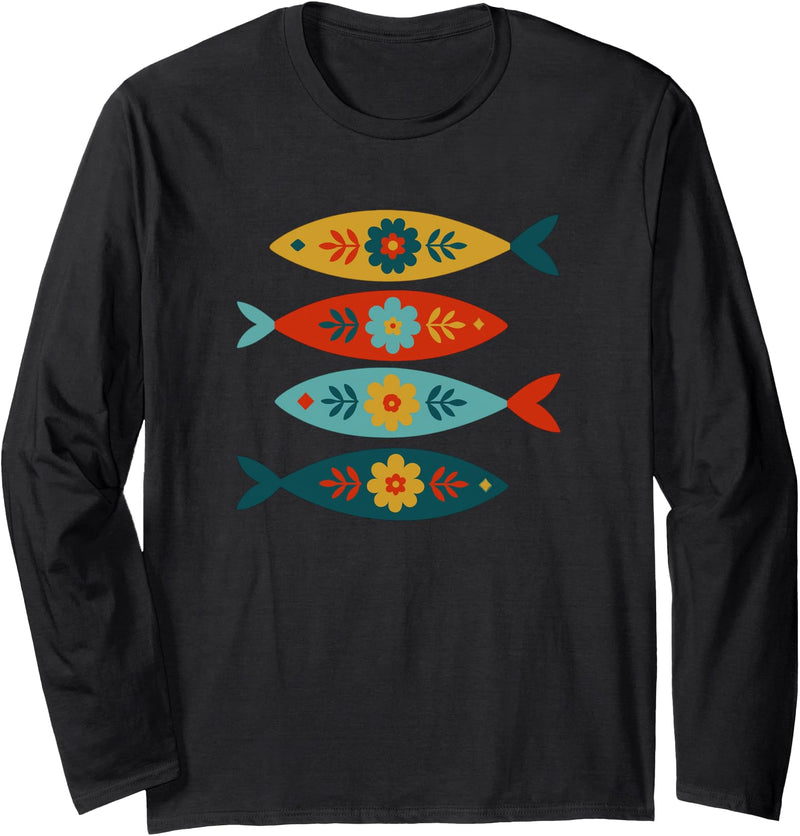 Tin Fishies Scandinavian Folk Art Fish Design, Colorful Long Sleeve T-Shirt - Black