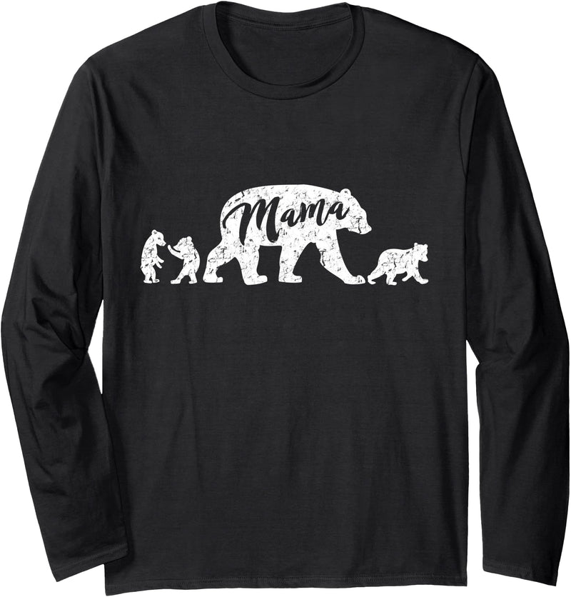 Papa & Mama Bear Shirts Mama Bear Long Sleeve T-Shirt with Three Cute Bear Cubs - Black