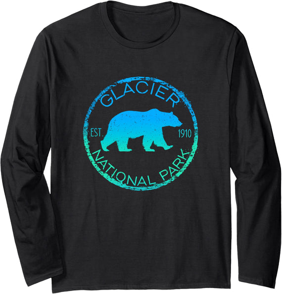 Pine Hill Goods Glacier National Park Grizzly Bear Design Graphic Souvenir Long Sleeve T-Shirt - Black