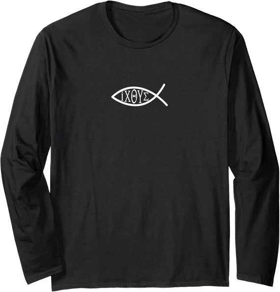 Ichthys Greek Christian Design Christian Fish Ichthys Ichthus Greek Letters IXOYE Men Women Long Sleeve T-Shirt - Black