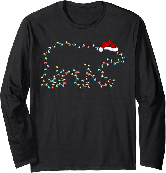 Xmas Lighting Polar Bear Christmas Gifts Polar Bear Xmas Lighting Santa Hat Polar Bear Christmas Long Sleeve T-Shirt - Black
