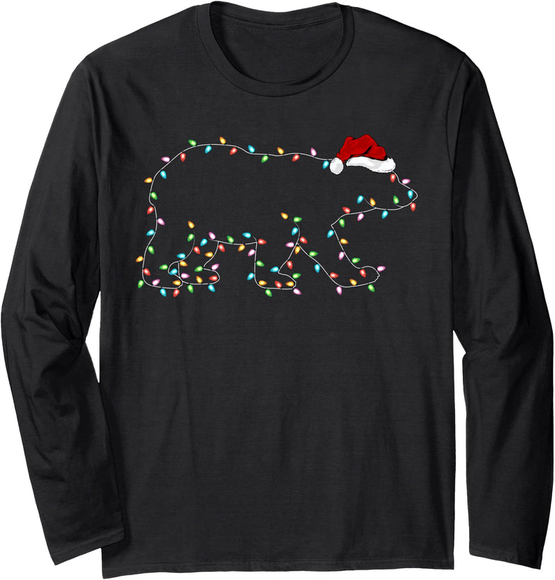 Xmas Lighting Polar Bear Christmas Gifts Polar Bear Xmas Lighting Santa Hat Polar Bear Christmas Long Sleeve T-Shirt - Black