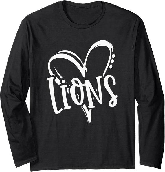 Lion School Spirit Sport Team Co. Lions School Sports Fan Team Spirit Heart Long Sleeve T-Shirt - Black