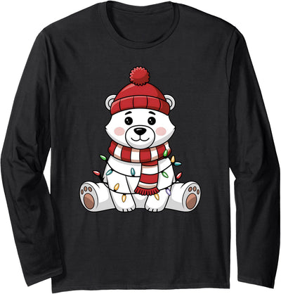 Festive Holiday Bear Design Cute Christmas Polar Bear Wrapped in Lights Long Sleeve T-Shirt