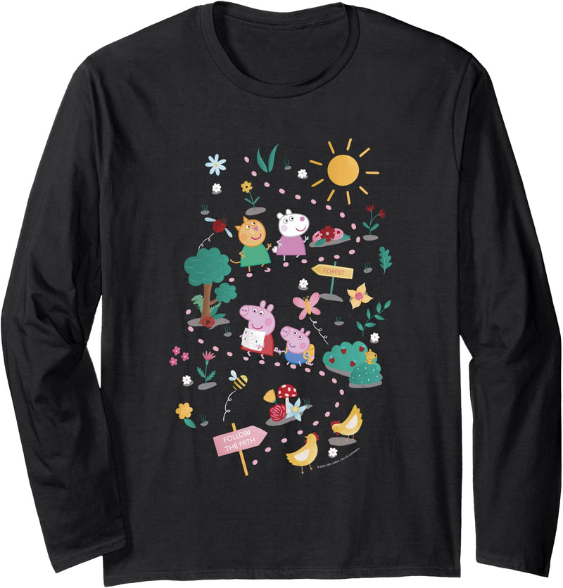 Peppa Pig Follow The Path To The Forest Group Shot Long Sleeve T-Shirt - Black