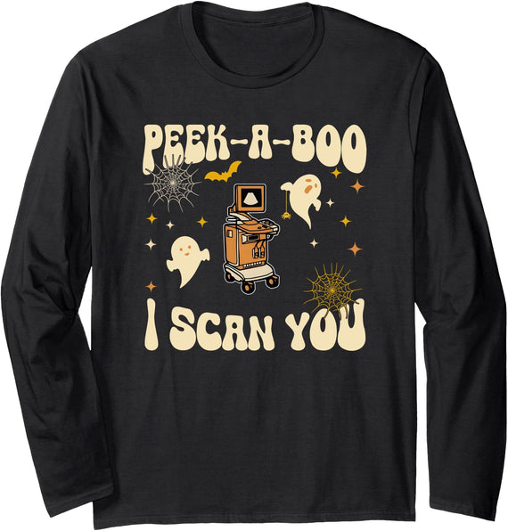 Funny Spooky Halloween Ghost Peek-A-Boo I Scan You, Ultrasound Halloween Long Sleeve T-Shirt - Black