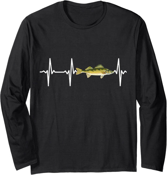 Walleye Gift Co. Walleye Heartbeat For Freshwater Fish Fishing Lovers Long Sleeve T-Shirt - Black
