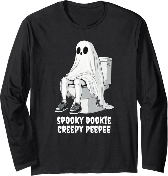 Ghost On Toilet Immature Halloween Tee Men Women Spooky Dookie Creepy Peepee Spirit Ghost Funny Halloween Long Sleeve