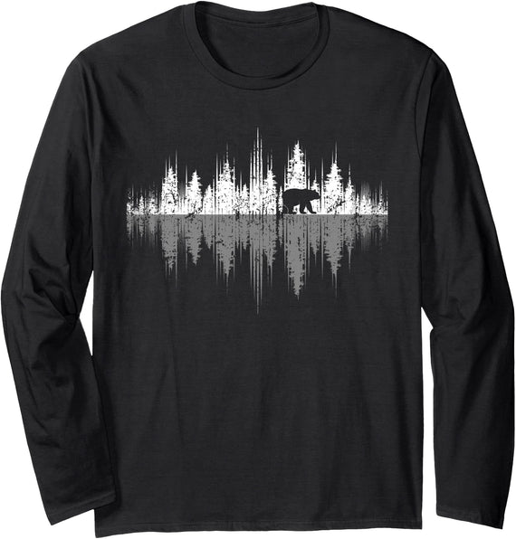 Outdoor Wild Retro Forest Gifts Trees Reflection Wildlife Nature Animal Bear Outdoor Forest Long Sleeve T-Shirt - Black