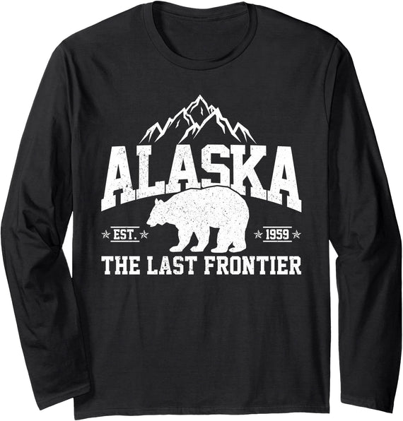 We Love Alaska - T-Shirts & Souvenirs Alaska The Last Frontier EST 1959 Grizzly Bear Mountains Long Sleeve T-Shirt - Black