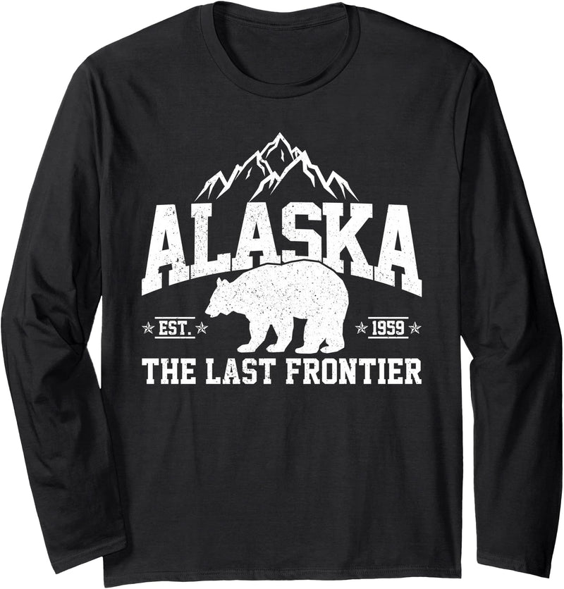 We Love Alaska - T-Shirts & Souvenirs Alaska The Last Frontier EST 1959 Grizzly Bear Mountains Long Sleeve T-Shirt - Black