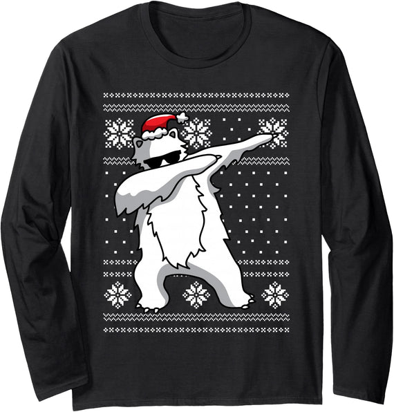 Funny Christmas Dabbing Shirts Santa Apparel Gift Dabbing Polar Bear T-Shirt Funny Christmas Dancing Gift Long Sleeve T-Shirt - Black