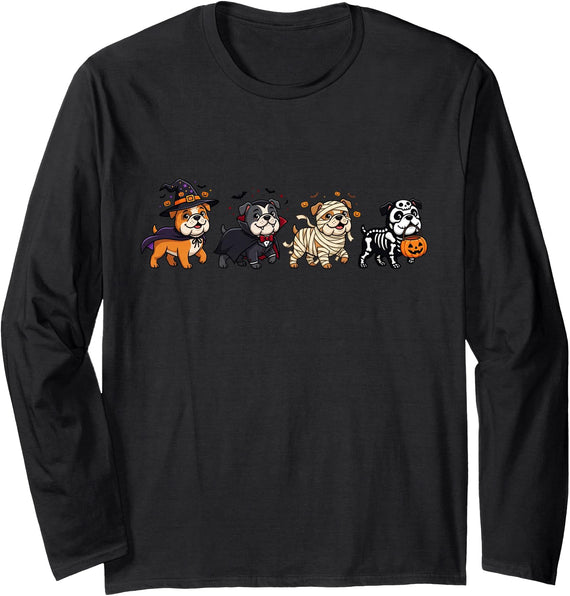 English Bulldog Halloween Skeleton Mummy Outfits English Bulldog Witch Vampire Ghost Halloween Mens Womens Long Sleeve
