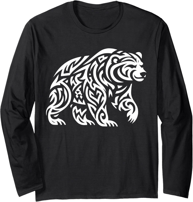 Bear Mania Tribal Grizzly Bear Long Sleeve T-Shirt - Black