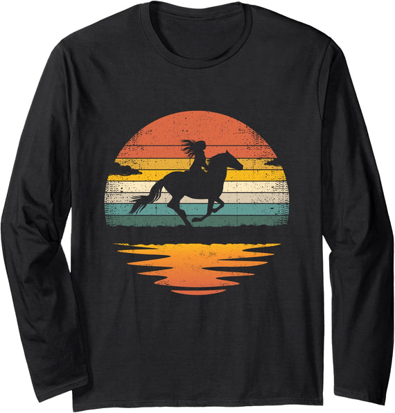 Vintage Retro Horse Clothes Design. Girl Horse Riding Vintage Cowgirl Retro Sunset Horse Long Sleeve T-Shirt - Black