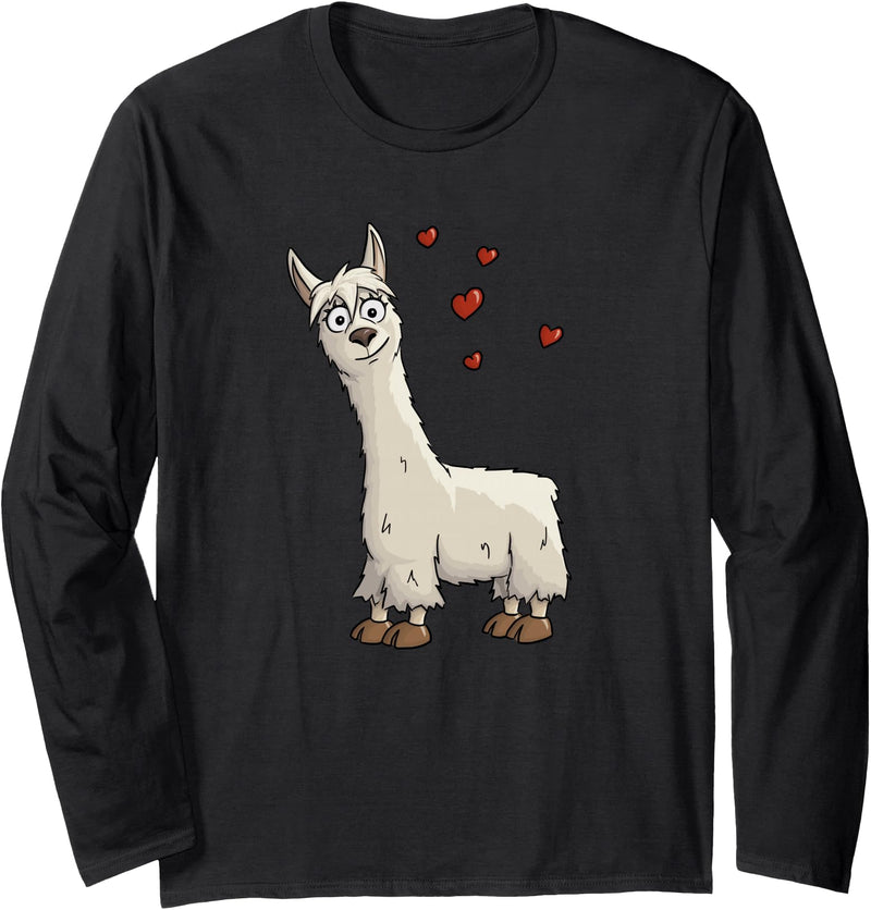 Llama Alpaca Gifts By Skizzenmonster Fancy Cartoon Llama with Hearts | I Love Llama & Alpaca Long Sleeve T-Shirt - Black