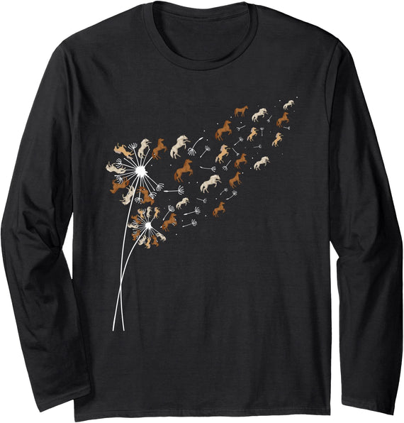 Funny Horse Shirts Dandelion Horses - Horse Lovers Rider Long Sleeve T-Shirt - Black