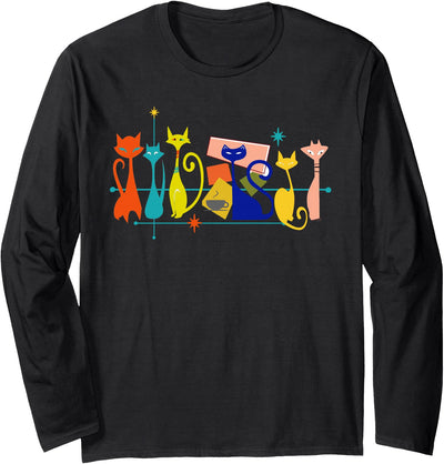 Mid Century Modern Cats Coffee Retro Mid Century Modern Cats Art 50s 60s Style Vintage Long Sleeve T-Shirt