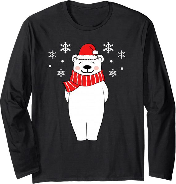 Christmas Polar Bear Shirt For Family Adults Kids Polar Bear Christmas Pajamas Family Polar Bear In Santa Hat Long Sleeve T-Shirt - Black