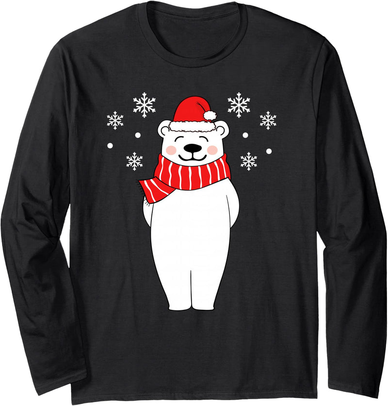 Christmas Polar Bear Shirt For Family Adults Kids Polar Bear Christmas Pajamas Family Polar Bear In Santa Hat Long Sleeve T-Shirt - Black