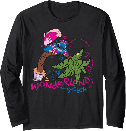 Disney 100 Stitch in Costume Cheshire Cat Wonderland Welcome Long Sleeve T-Shirt - Black