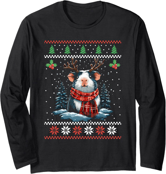 Funny Guinea Pig Ugly Christmas Sweater Guinea Pig Reindeer Christmas Sweater Xmas Long Sleeve T-Shirt - Black