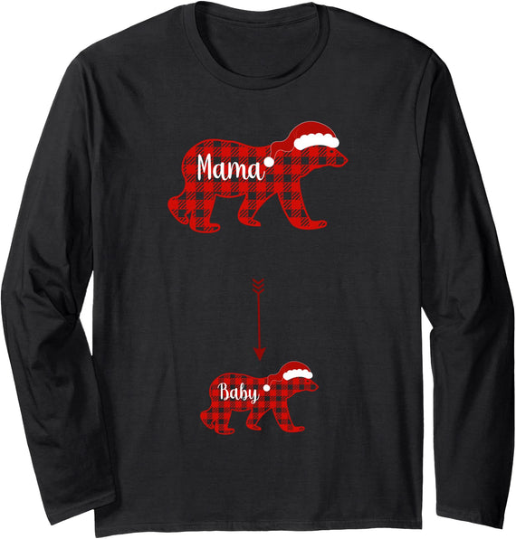 Women's Christmas Funny Cute Pregnancy Apparel Christmas Plaid Bear Mama Baby Polar Pregnancy Announcement Long Sleeve T-Shirt - Black