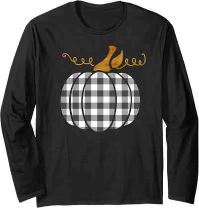 Buffalo Plaid Pattern Thanksgiving Pumpkin Black White Cute T-Shirt