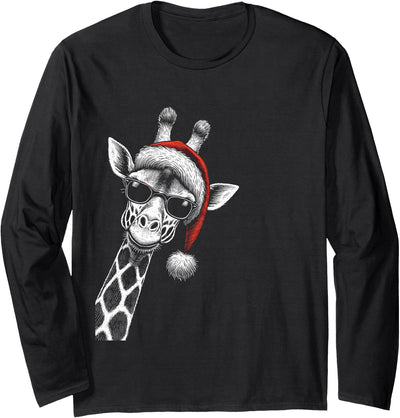 Giraffe Christmas Santa Hat Pajama Funny Giraffe Xmas Long Sleeve T-Shirt - Adult Unisex