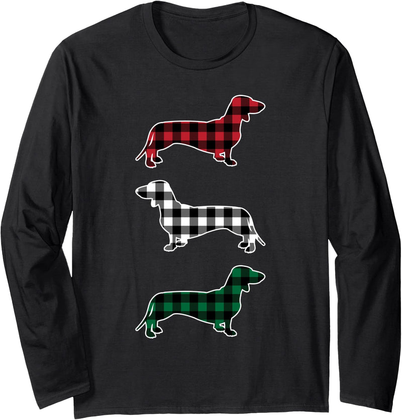 Merry Christmas Holiday Dachshund Dog Wiener Dachshund Dog Merry Christmas Buffalo Plaid Gift Long Sleeve T-Shirt - Black