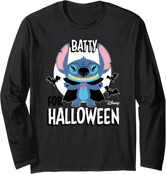 Disney Lilo And Stitch - Batty For Halloween Long Sleeve T-Shirt - Black