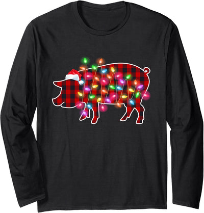 Plaid Buffalo Pig Christmas Pajamas Family Xmas Lights Women Long Sleeve Shirt