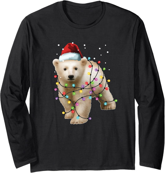 Christmas Gifts by Art Like Wow Santa Polar Bear, Christmas, Men Women Kids, Bear Lover Long Sleeve T-Shirt - Black