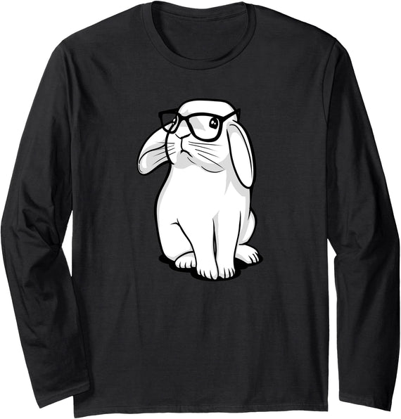 Hipster Rabbit Funny Bunny with Glasses Cute Animal Long Sleeve Shirt in Black