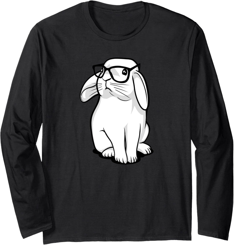 Hipster Rabbit Funny Bunny with Glasses Cute Animal Long Sleeve Shirt in Black