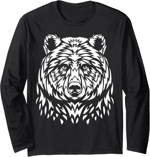 Tribal bear Shirts Tribal Ink white bear face Long Sleeve T-Shirt - Black