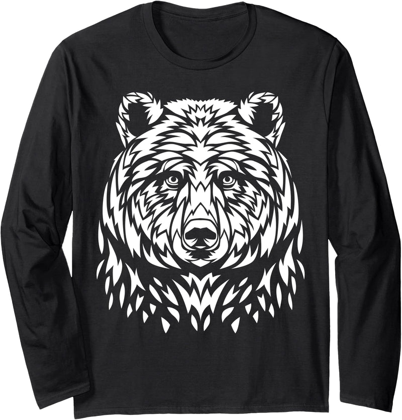 Tribal bear Shirts Tribal Ink white bear face Long Sleeve T-Shirt - Black