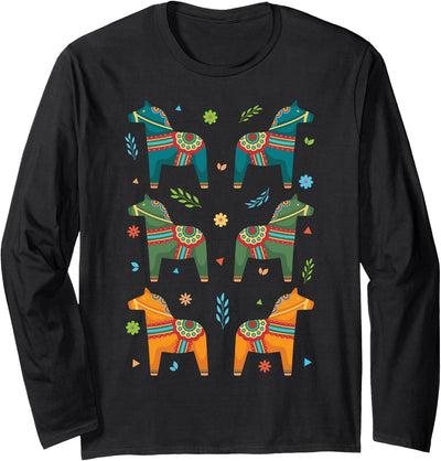 Swede Sverige & Scandinavia Designs Dala Horse Sweden Swedish Dalecarlian Horses Scandinavian Long Sleeve T-Shirt