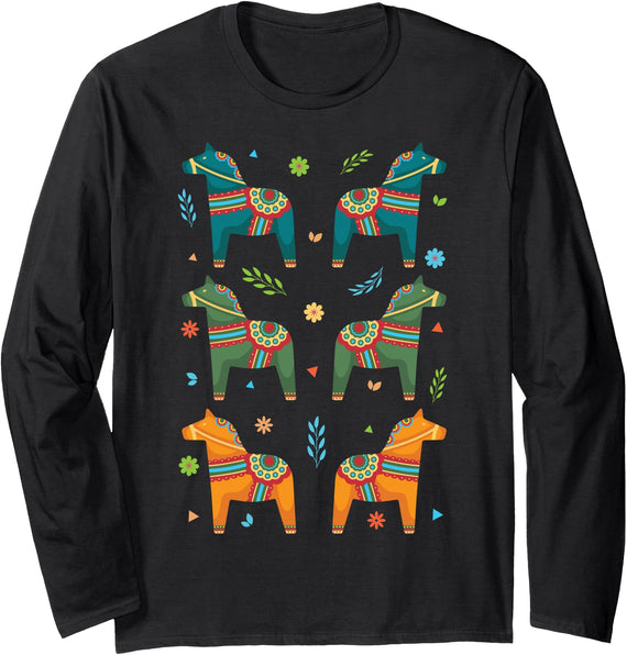 Swede Sverige & Scandinavia Designs Dala Horse Sweden Swedish Dalecarlian Horses Scandinavian Long Sleeve T-Shirt - Black