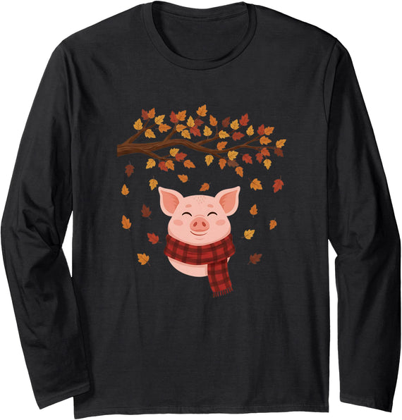 Cute Pig Fall Autumn Season Designs Cute Fall Pig Lover Autumn Season Leaves Colors Long Sleeve T-Shirt - Black