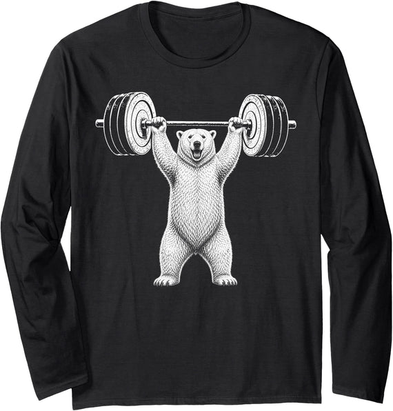 Funny Polar Bear Fitness Meme Polar Bear Gym Deadlift Workout Weightlifting Long Sleeve T-Shirt - Black